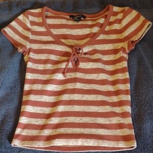 Forever 21 Rust and Cream Striped Tie-Front Top
